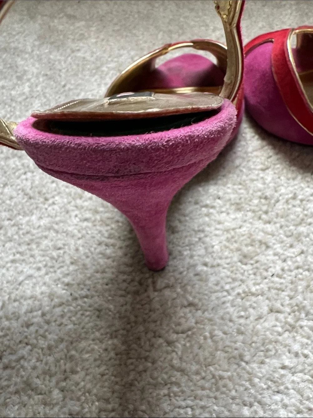 Nina Two-Tone Pink and  Red Suede Open-Toe Heels